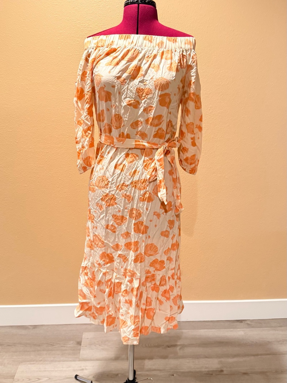 a.n.a Cream Midi Dress with Orange Floral Print and Belt